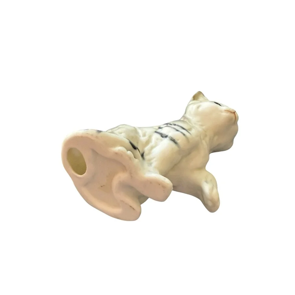 Vintage Ceramic Tabby Kitten Figurine Playful Raised Paw Grey Striped Cat Decor